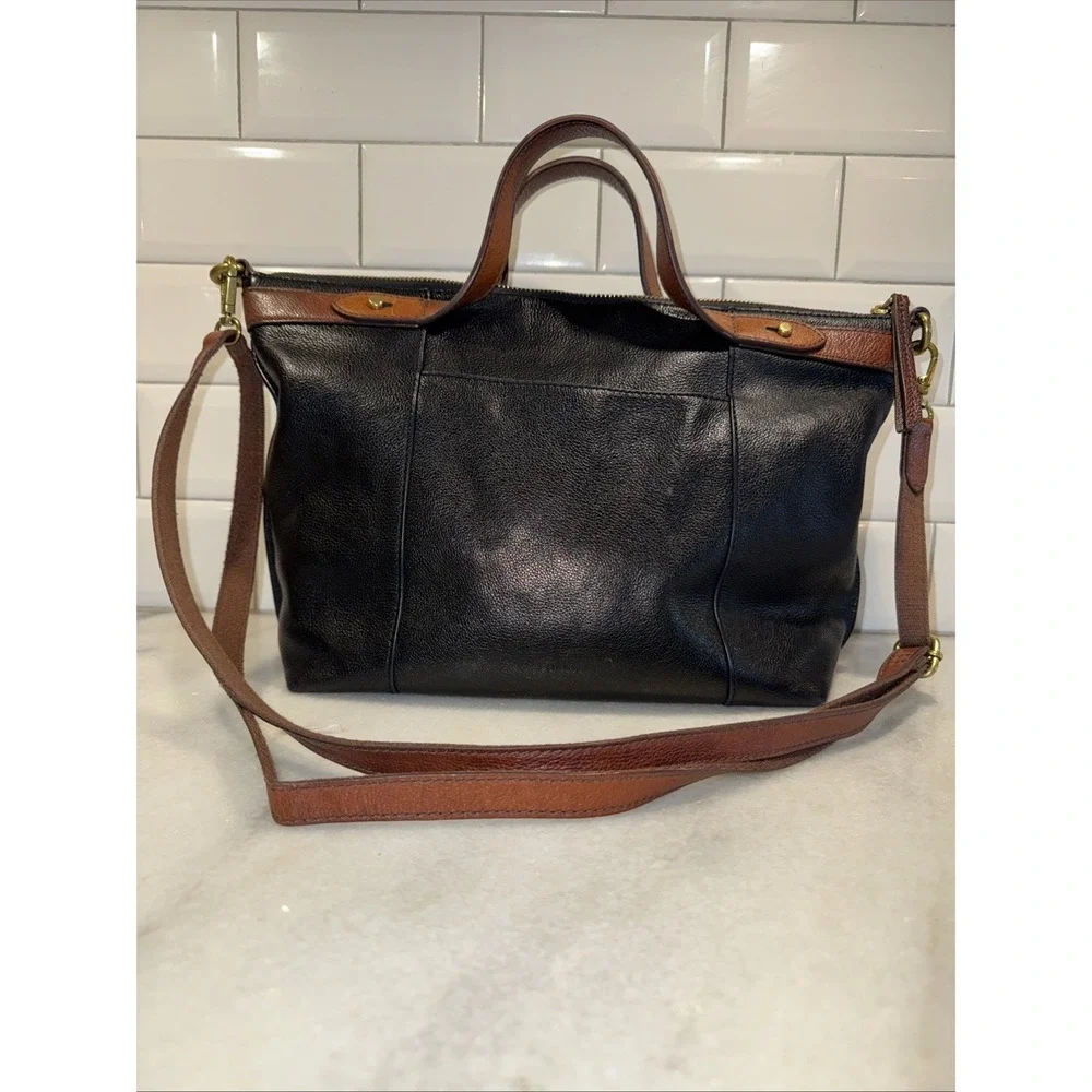 Fossil Sadie Satchel Black Brown Leather Bag Double Handle Crossbody Retail $329